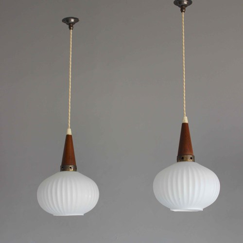 Pair Of French Etched Ribbed Glass Over Counter Pendants