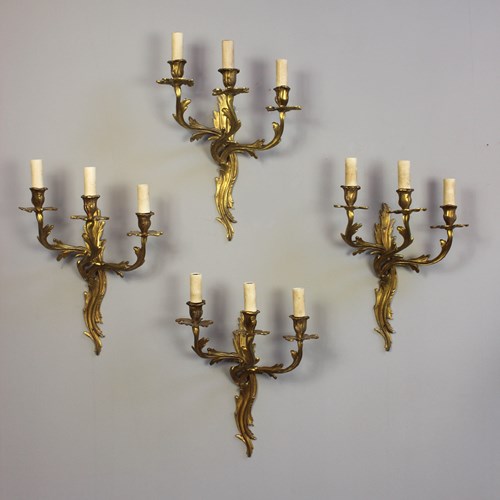 Two Pairs Of English Gilded Naturalistic Three Branch Wall Lights
