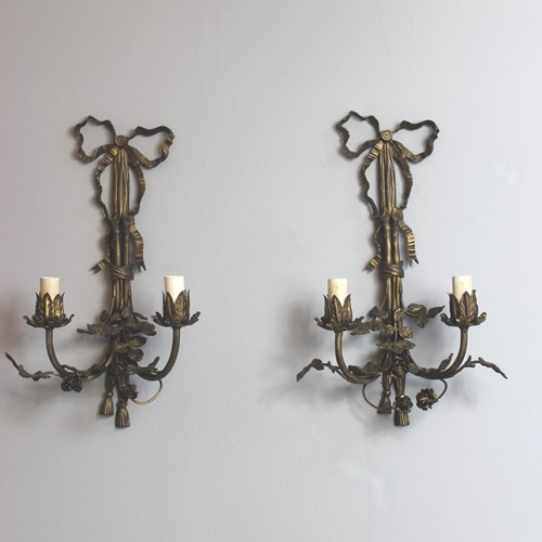 Traditional Pair Of Dark Brass Naturalistic Wall Sconces