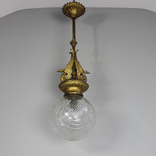 Italian Swan Motif Gilded Brass And Cut Glass Hall Lantern