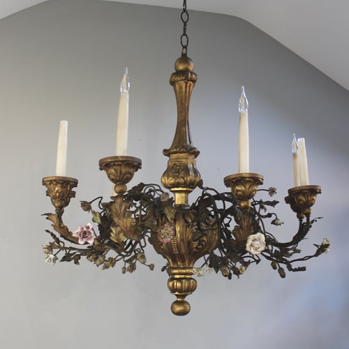 Italian Giltwood 19Th C Antique Chandelier With Ceramic Flowers