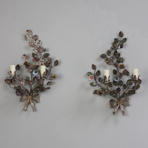 Pair Of Very Fine  Twin Branch Italian Hand Painted Leaf Sconces