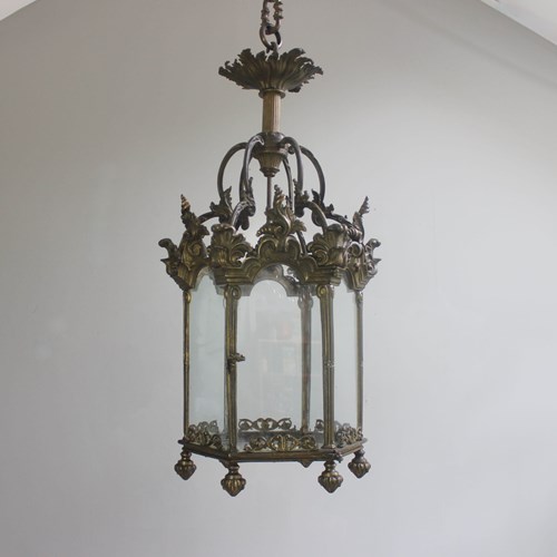 English Large Scale Formerly Gas Brass Hall Lantern Circa 1850-60