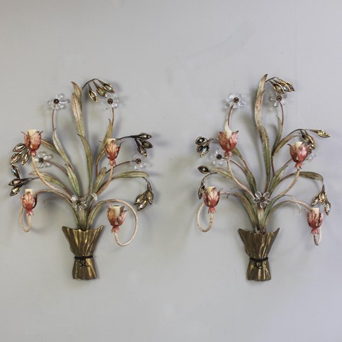 Large Scale Pair Of Italian Polychromed And Gilded Wall Sconces