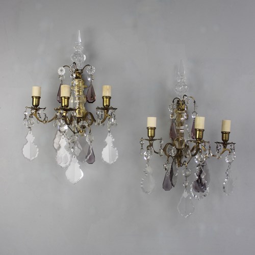Pair Of Exceptional Country House Three Branch Cut Glass Wall Lights