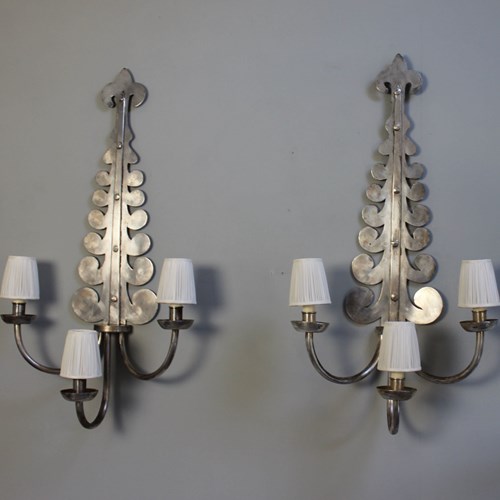 Super Large Scale Pair Of Silver Gilt Three Branch Sconces