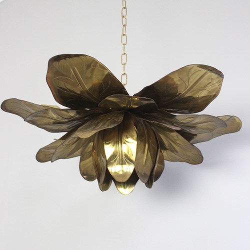 Large Flush Fitting Gilt Metal Flower Pendant With 7 Light Points