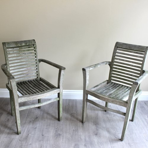 Great Pair Of Nicely Weathered Teak Garden Chairs