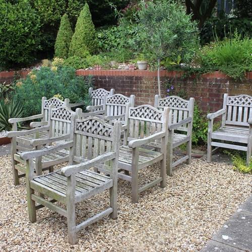 Set Of 8 Silvery Teak Nicely Weathered English Garden Armchairs 