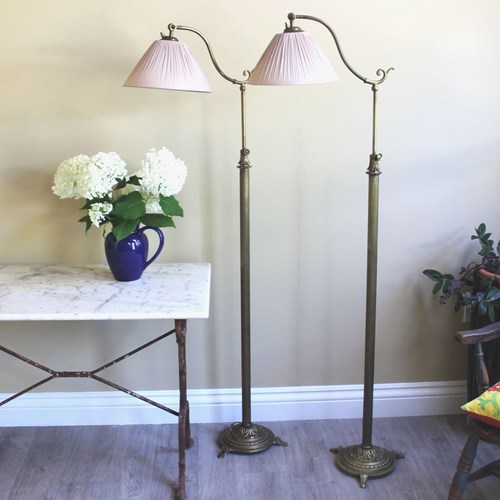 Elegant Pair Of Ribbed Brass French Adjustable Height Reading Lamps