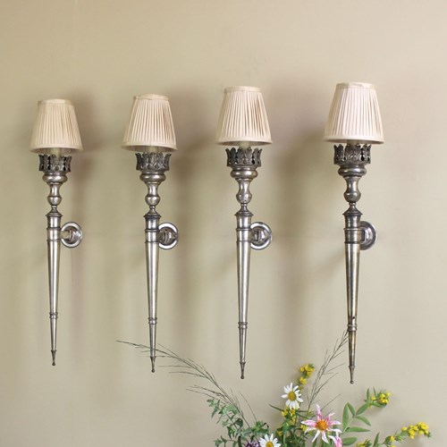 Set Of 9 (4 Shown) Silver-Plated Over Brass French Torchere Wall Sconces 