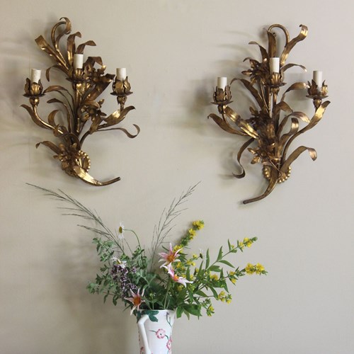 Pair Of French Right And Left Handed 3 Branch Gilt Metal Wall Lights
