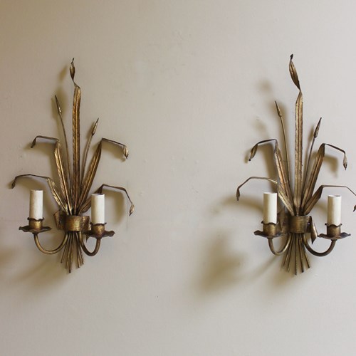 Pretty Pair Of Wheatsheaf Style Gilt Metal Wall Lights