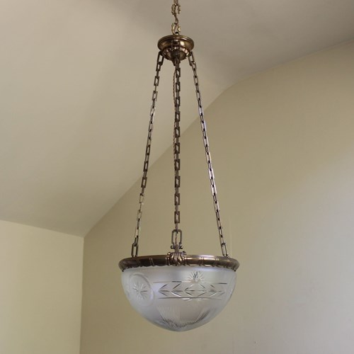 Early 20Th C Cut Glass Plafonnier With Mellow Brass Chains Circa 1930