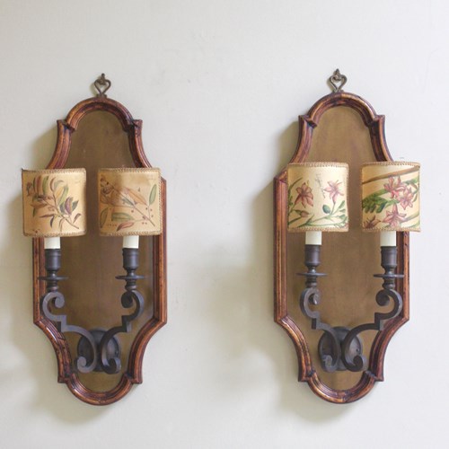 Pair Of French Framed Dark Brass Twin Branch Wall Lights And Shades