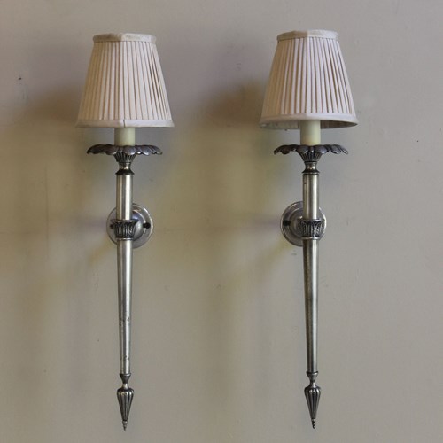 Pair Of Silver Gilt Shorter Torchere Wall Lights And Shades