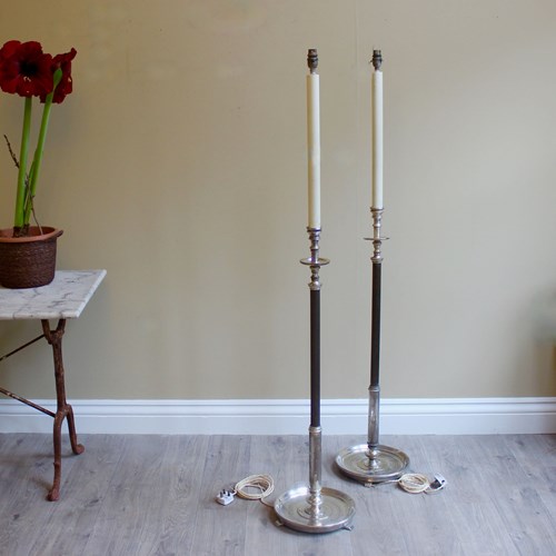 Pair French Silver Gilt Saucer Base Eclesiastical Floor Lamps