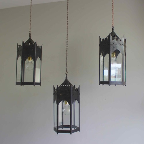 Set Of 3 English Gothic Style Lanterns C1910