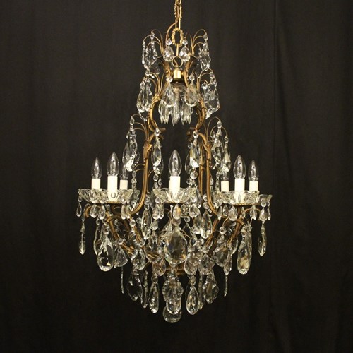 French Gilded 9 Light Antique Crystal Chandelier