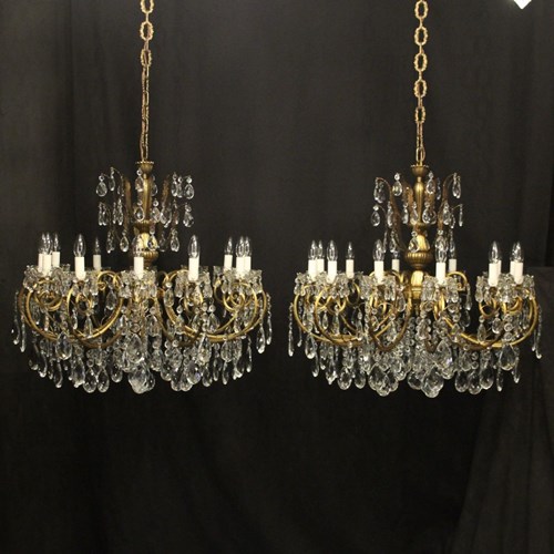 French Pair Of Gilded 12 Light Chandeliers