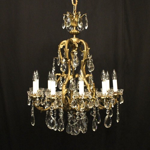 French Gilded Bronze & Crystal 10 Light Antique Chandelier