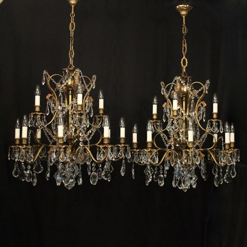 French Pair Of Gilded Crystal 12 Light Chandeliers
