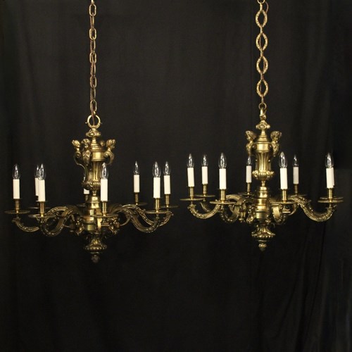 French Pair Bronze 8 Light Antique Chandeliers