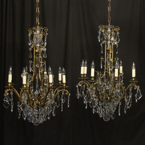 French Pair Bronze 8 Light Antique Chandeliers