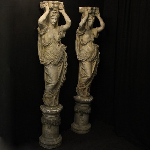 French Plaster Pair Of Caryatids With Pedestals