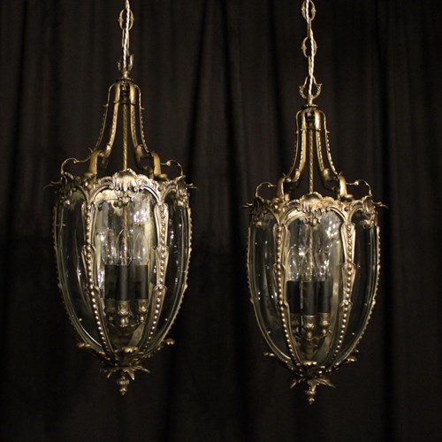 French Pair Of Silver Gilded Bronze Lanterns