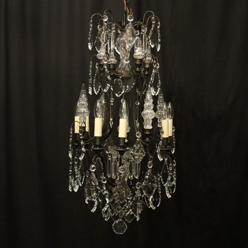 French Bronze & Crystal 8 Light Cage Chandelier