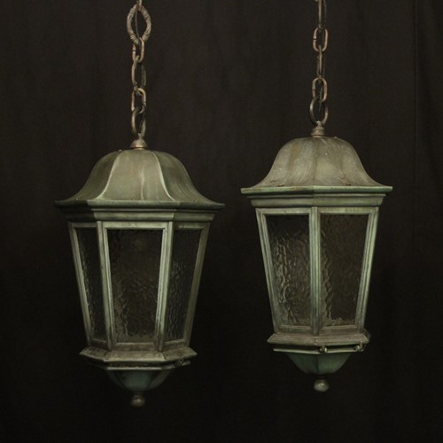 English Pair Of Bronze Antique Lanterns