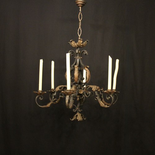 French 6 Light Wrought Iron Antique Chandelier