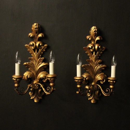 Florentine Pair Of Giltwood Wall Lights