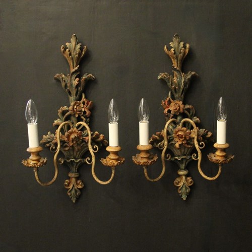 Italian Pair Of Polychrome Gilded Wall Lights