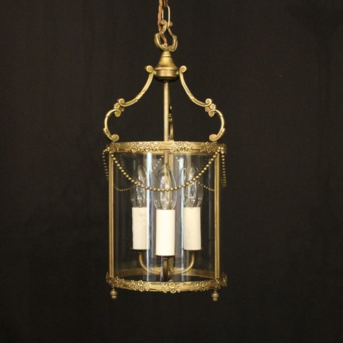 French Gilded Brass Triple Light Antique Lantern