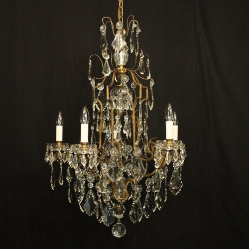 French Gilded 6 Light Antique Crystal Chandelier