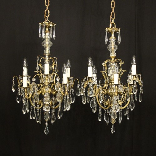 French Pair Of Gilded 6 Light Chandeliers