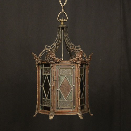 English Stained Glass Antique Hall Lantern