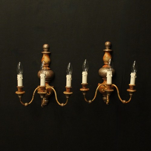 Italian Pair Of Polychrome Triple Arm Wall Lights