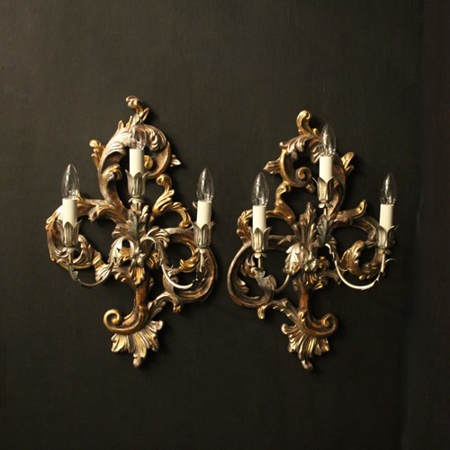 Florentine Pair Of Silver Giltwood Wall Lights