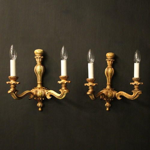 Italian Pair Of Polychrome Gilded Wall Lights