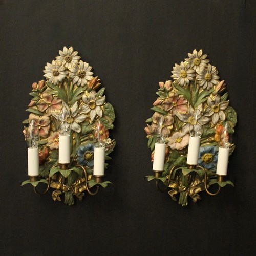 French Polychrome Floral Triple Arm Wall Lights