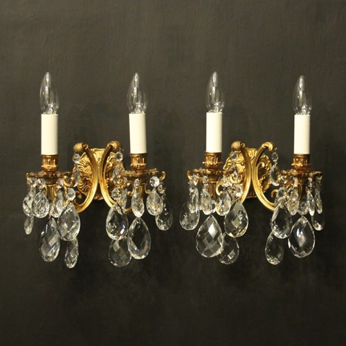 French Pair Of Crystal Twin Arm Wall Lights