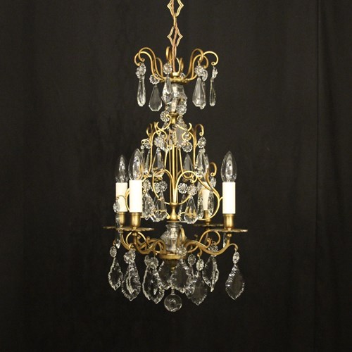 A Small French Cast Brass Gilded Triple Light Chandelier - O'Keeffe Antiques