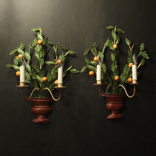 French Pair Of Toleware Floral Wall Lights