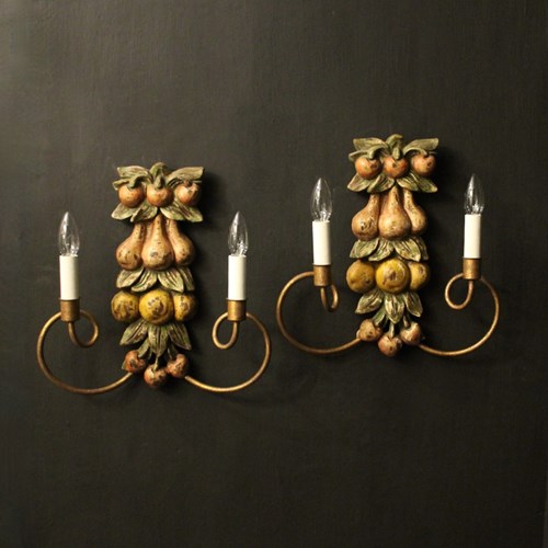 French Polychrome Fruit Antique Wall Lights