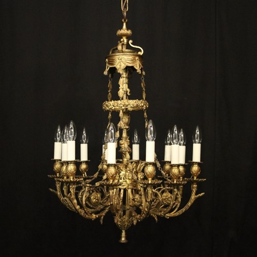 French Gilded Bronze 12 Light Candle Chandelier