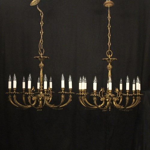 French Pair Of Gilded 12 Light Chandeliers