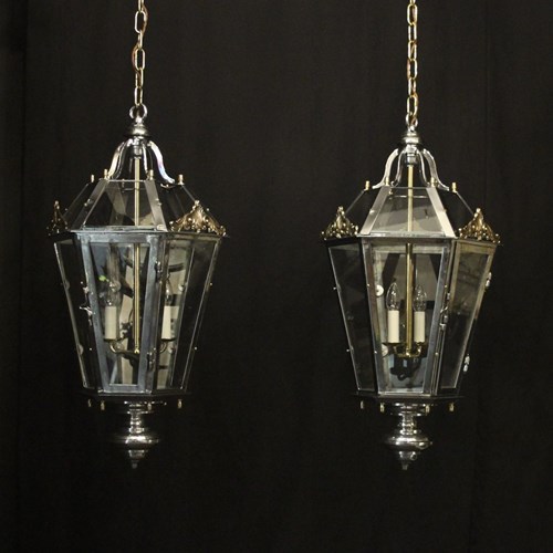 French Pair Steel & Brass Hexagonal Lanterns